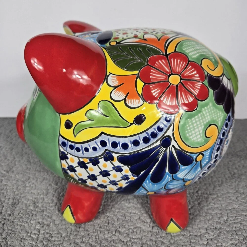 Talavera Piggy Bank Mexican Pottery Art Hand Painted 9.5 x 7.5 X 8 In